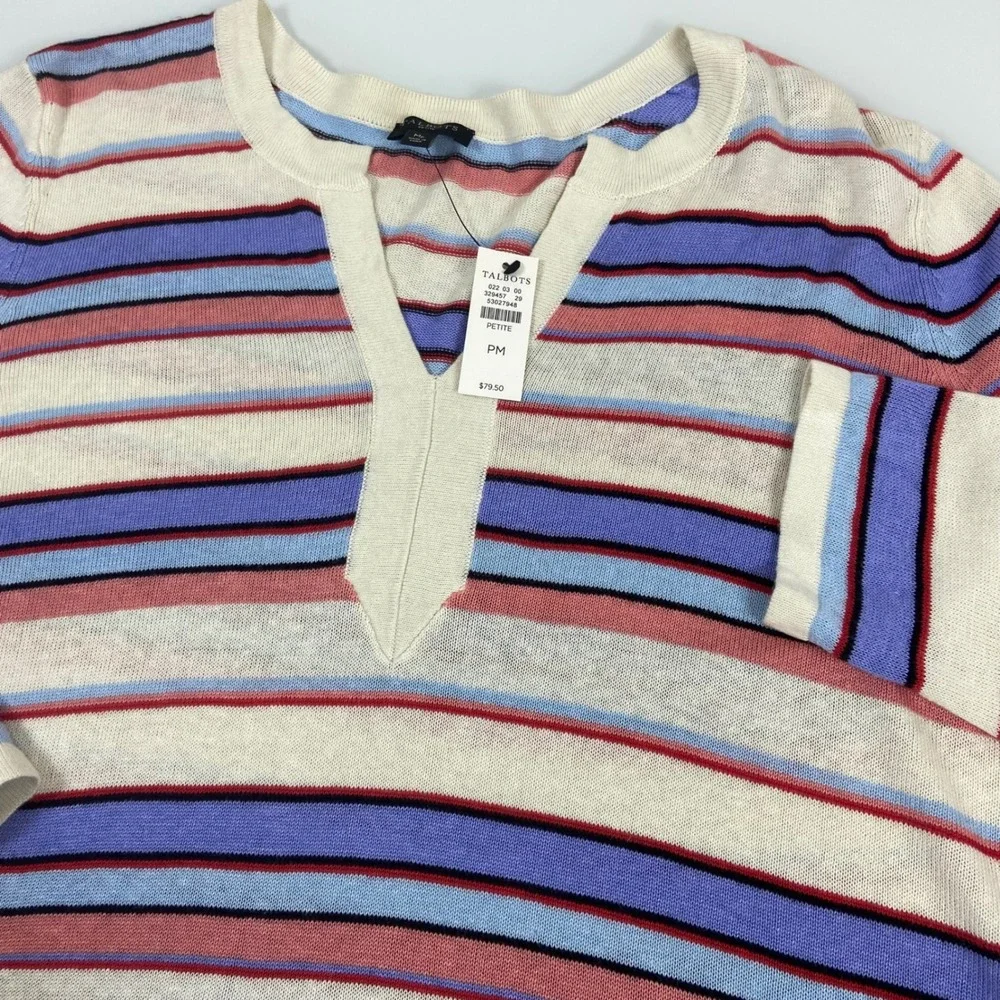 Talbots Womens PM Multi Stripe Linen Blend Split Neck‎ Sweater NEW 3/4 Sleeve